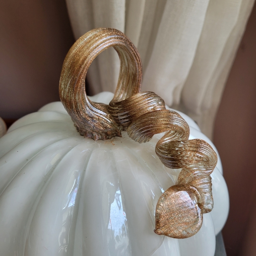 Hand Blown Glass Glossy Pumpkin: White , Gold Leaves Fall Decor Autumn - Picture 4 of 9